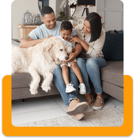 family and dog comfortable in living room